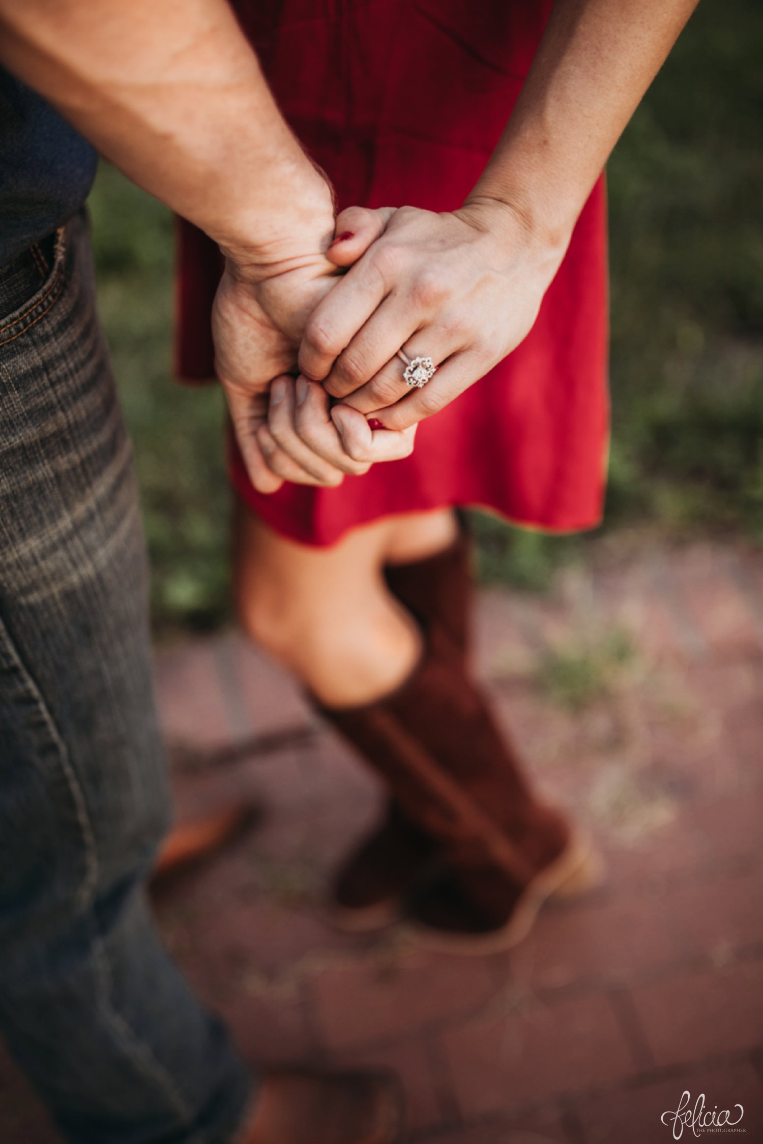 images by feliciathephotographer.com | destination wedding photographer | engagement | farmhouse | country | kansas city | sweet southern | red dress | nordstrom rack | unique halo diamond ring | casual | brown boots | amazon | cowboy | 