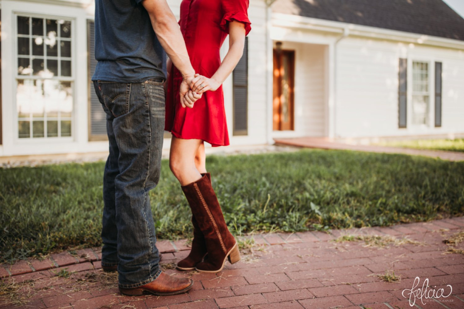 images by feliciathephotographer.com | destination wedding photographer | engagement | farmhouse | country | kansas city | sweet southern | red dress | nordstrom rack | unique halo diamond ring | casual | brown boots | amazon | cowboy | 
