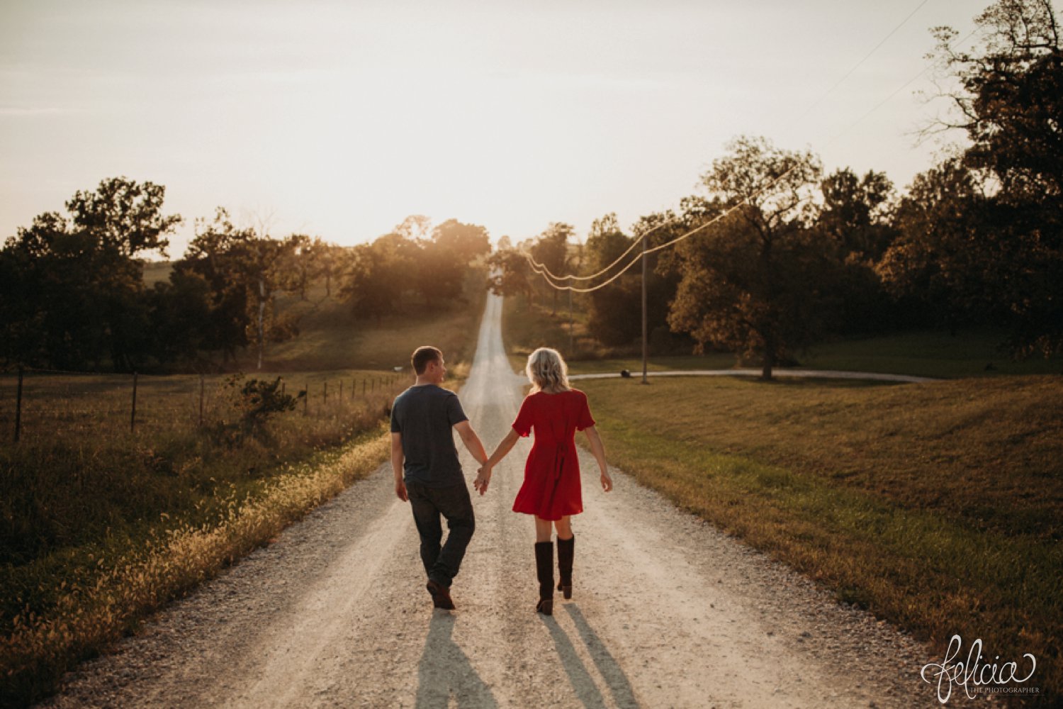 images by feliciathephotographer.com | destination wedding photographer | engagement | farmhouse | country | kansas city | sweet southern | red dress | nordstrom rack | unique halo diamond ring | casual | brown boots | amazon | cowboy | hand in hand | dirt road | golden hour | 