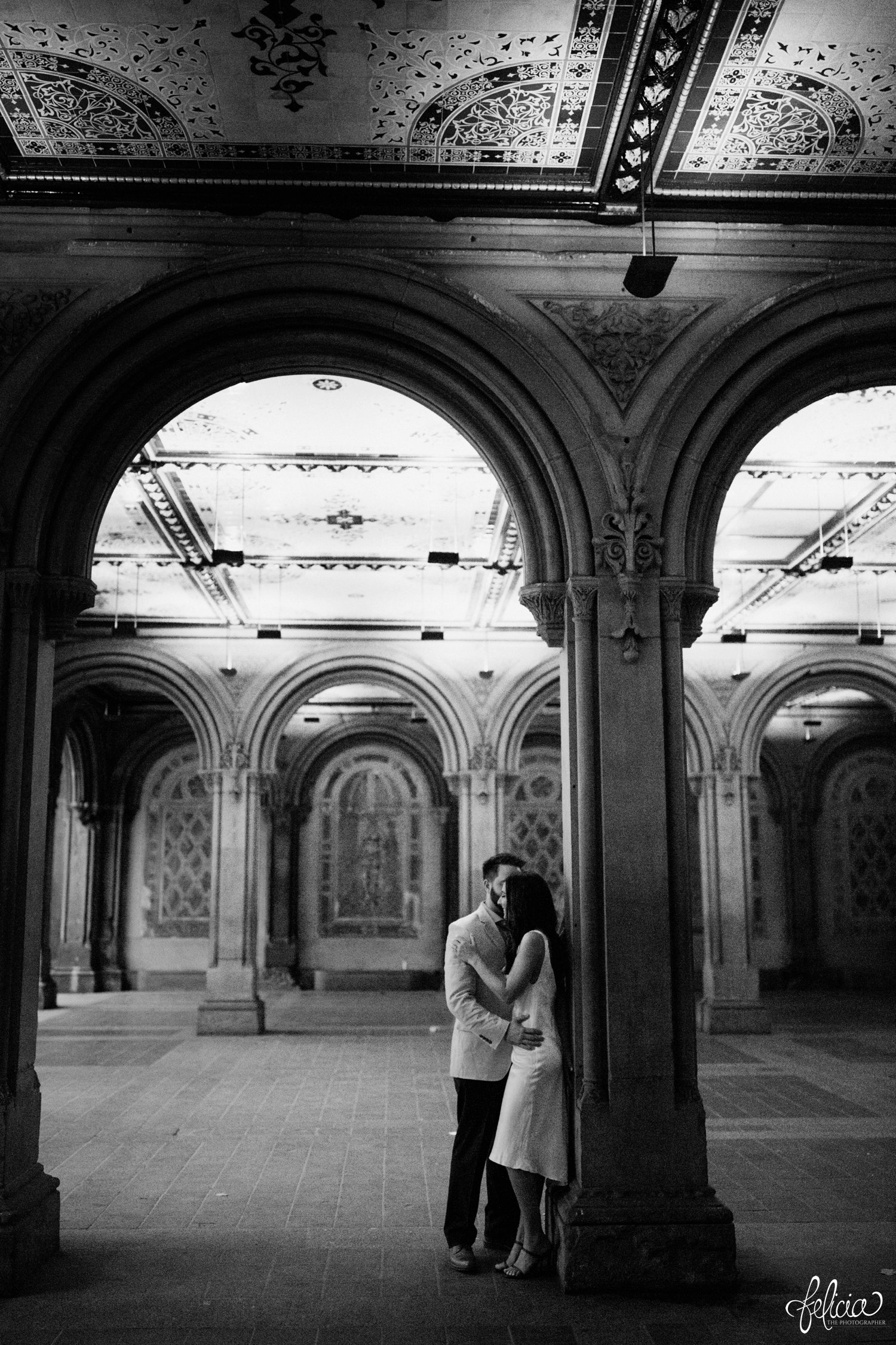images by feliciathephotographer.com | destination wedding photographer | elopement | new york city | second look | bethesda | central park | detailed ceiling | architecture | romantic | classic | cowl neck dress | black and white | 