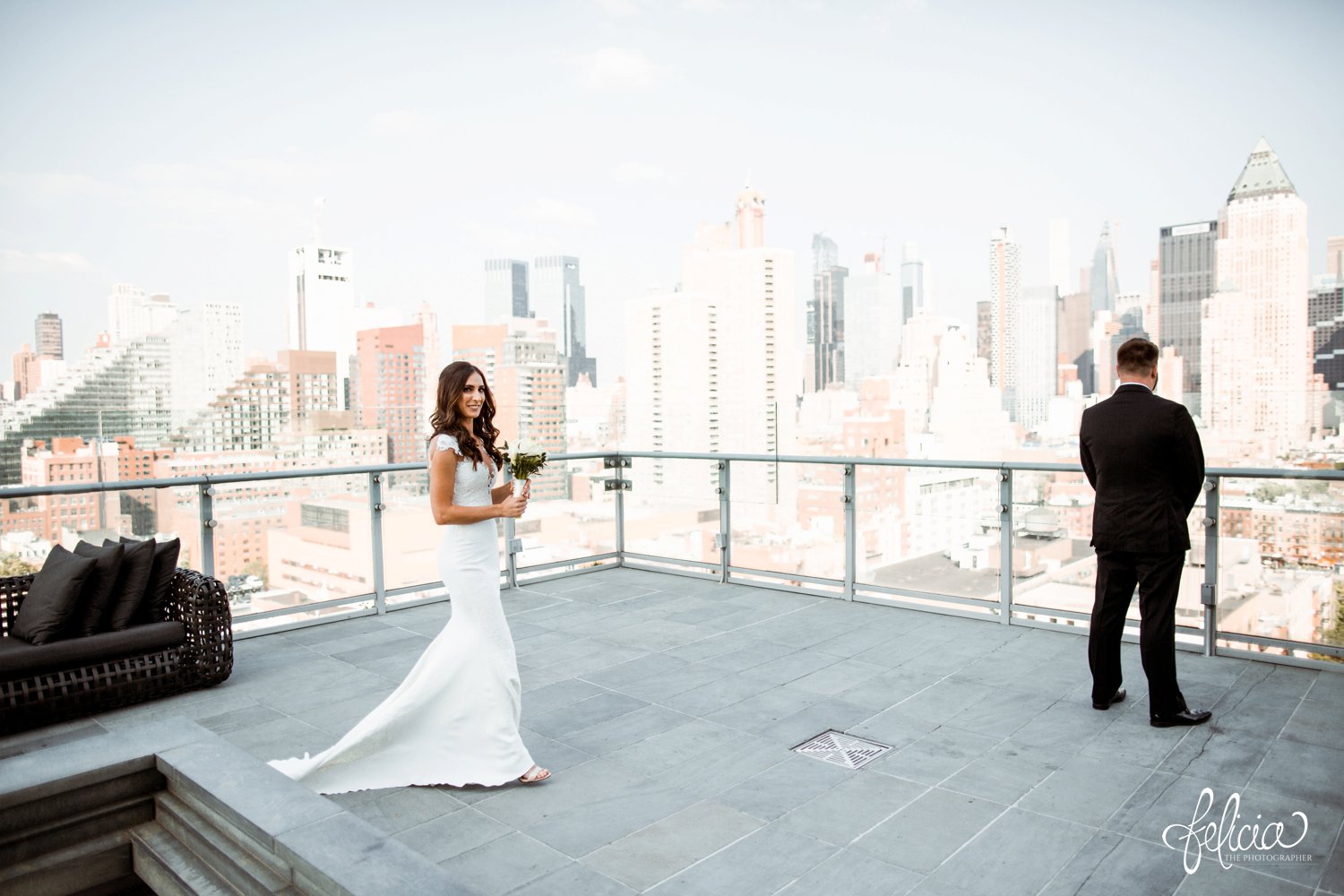 images by feliciathephotographer.com | destination wedding photographer | new york city | details | pre ceremony | rooftop first look | skyline | urban | bride | long gown | pronovias | nordstrom | 
