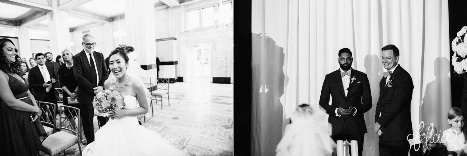 images by feliciathephotographer.com | destination wedding photographer | the grand hall at power and light | kansas city | missouri | downtown | glamorous | multicultural | ceremony | black and white | walking down the aisle | joy | family | posh bridal | 