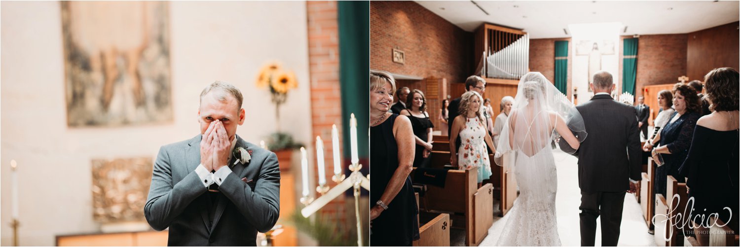 images by feliciathephotographer.com | destination wedding photographer | kansas city | ceremony | crying groom | waiting down the aisle | sunflowers | st charles borromeo | tip top tux | father of the bride | fabulous frocks kc |