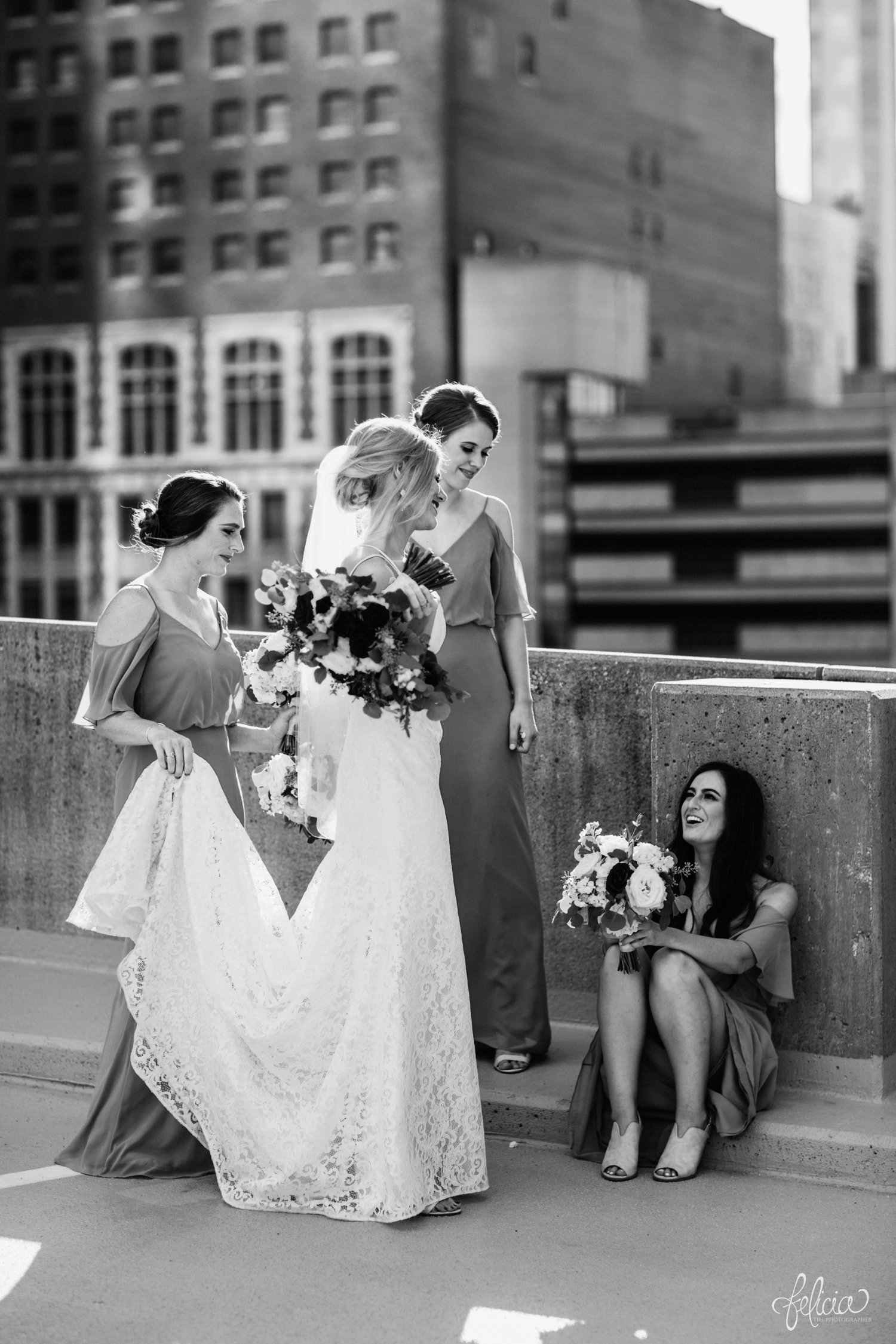 images by feliciathephotographer.com | destination wedding photographer | kansas city | bella bridesmaids | best friends | relaxed vibes | lace dress | fabulous frocks | rooftop | 