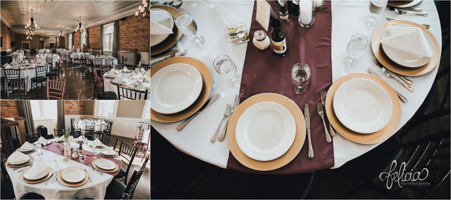 images by feliciathephotographer.com | destination wedding photographer | kansas city | reception | venue | restoration 1894 | charming | classic | table setting | gold plates | 