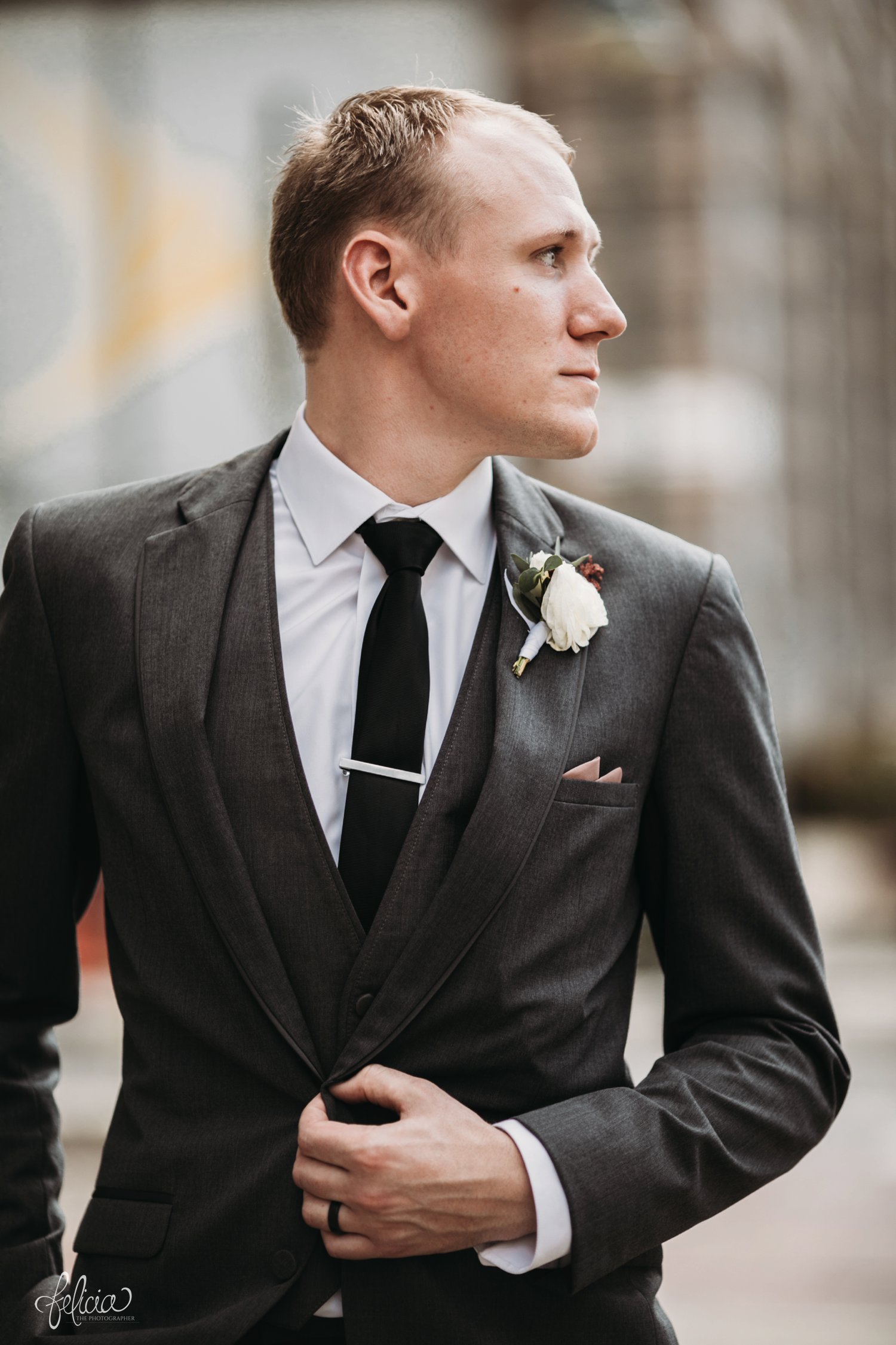 images by feliciathephotographer.com | destination wedding photographer | kansas city | groom portrait | grey suit | top tip tux | black wedding band | game face | gq vibes | classic | 