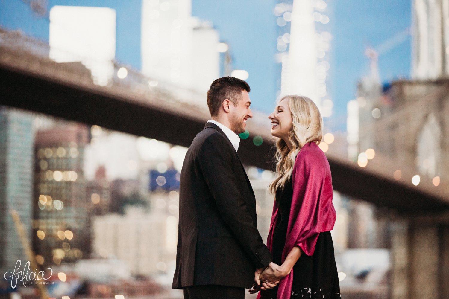images by feliciathephotographer.com | destination wedding photographer | engagement | new york city | brooklyn bridge | skyline | formal | classic | true love | romantic | cuddles | pearls | diamond ring | urban | joyful | 