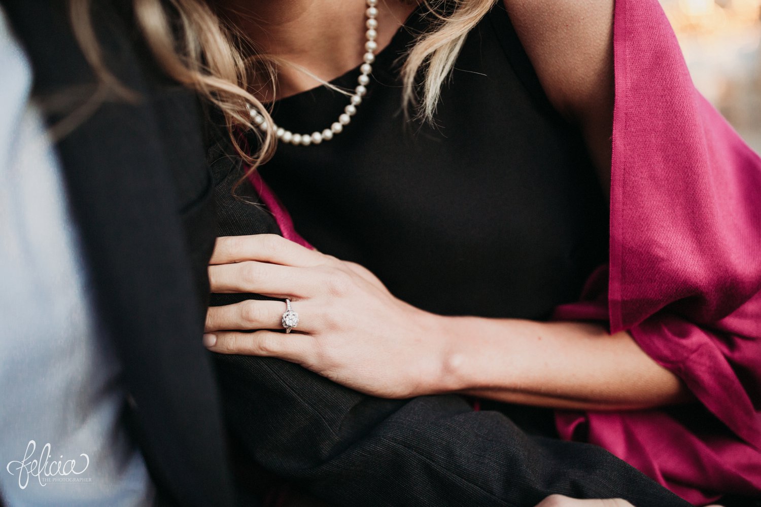 images by feliciathephotographer.com | destination wedding photographer | engagement | new york city | brooklyn bridge | skyline | formal | classic | true love | romantic | cuddles | pink shawl | pearls | diamond ring | little black dress | 