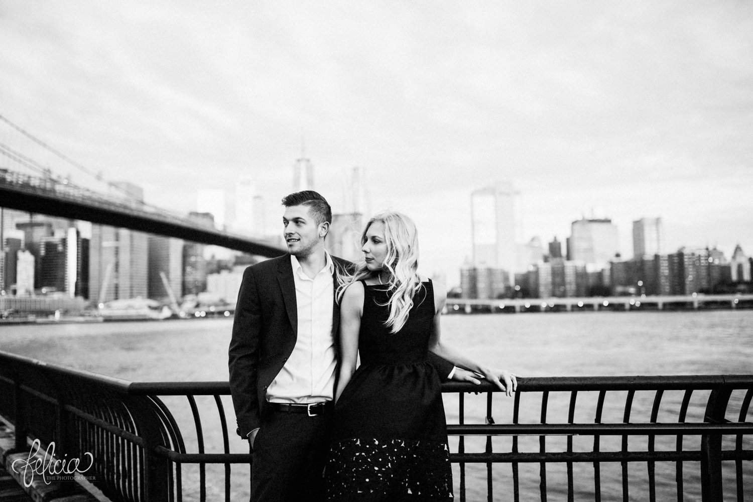 images by feliciathephotographer.com | destination wedding photographer | engagement | new york city | brooklyn bridge | skyline | formal | classic | true love | romantic | black and white | 