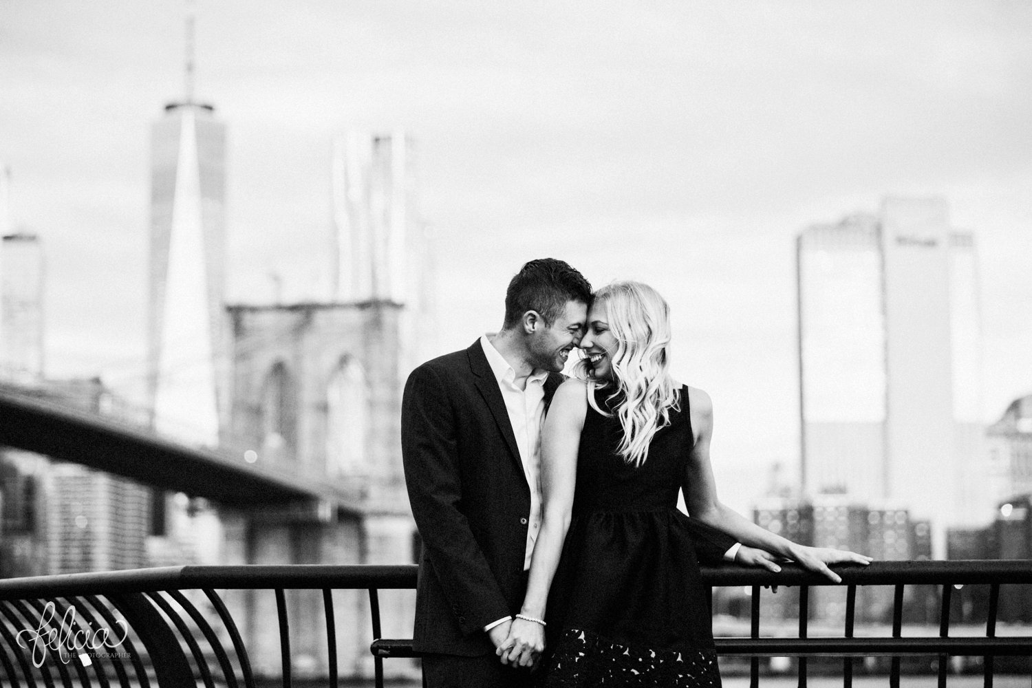images by feliciathephotographer.com | destination wedding photographer | engagement | new york city | brooklyn bridge | skyline | formal | classic | true love | romantic | black and white | silly | 