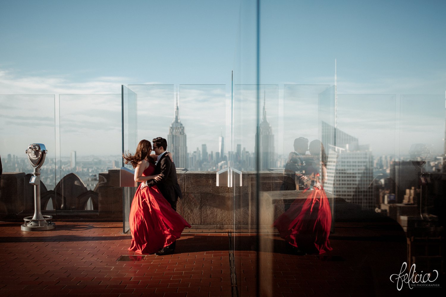 images by feliciathephotographer.com | destination wedding photographer | engagement | new york city | skyline | downtown | urban | formal | classic | elegant | long red gown | suit and tie | top of the rock | sunrise | elegant | glam | reflection | 