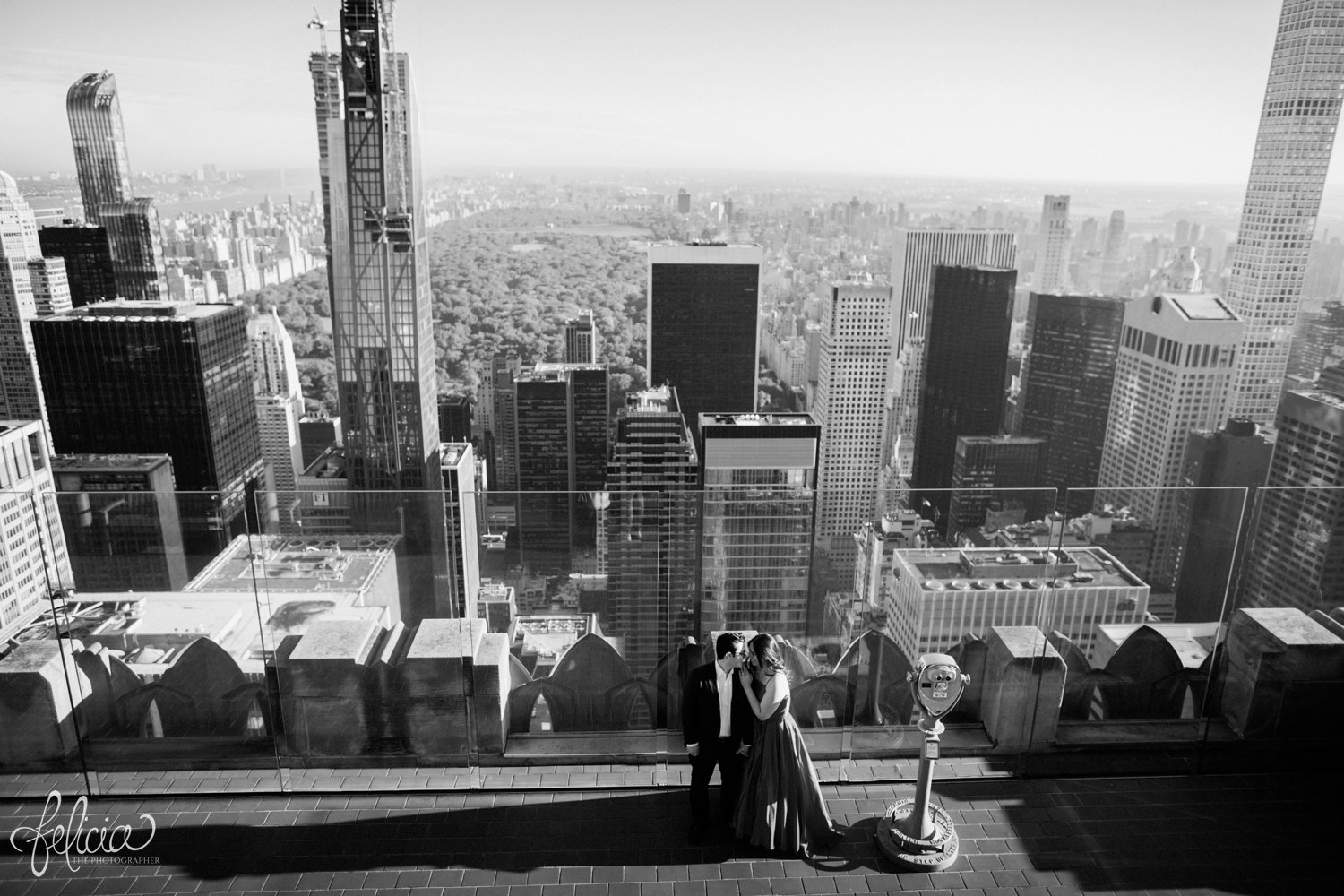 images by feliciathephotographer.com | destination wedding photographer | engagement | new york city | skyline | downtown | urban | formal | classic | elegant | long red gown | suit and tie | top of the rock | sunrise | elegant | glam | black and white | 