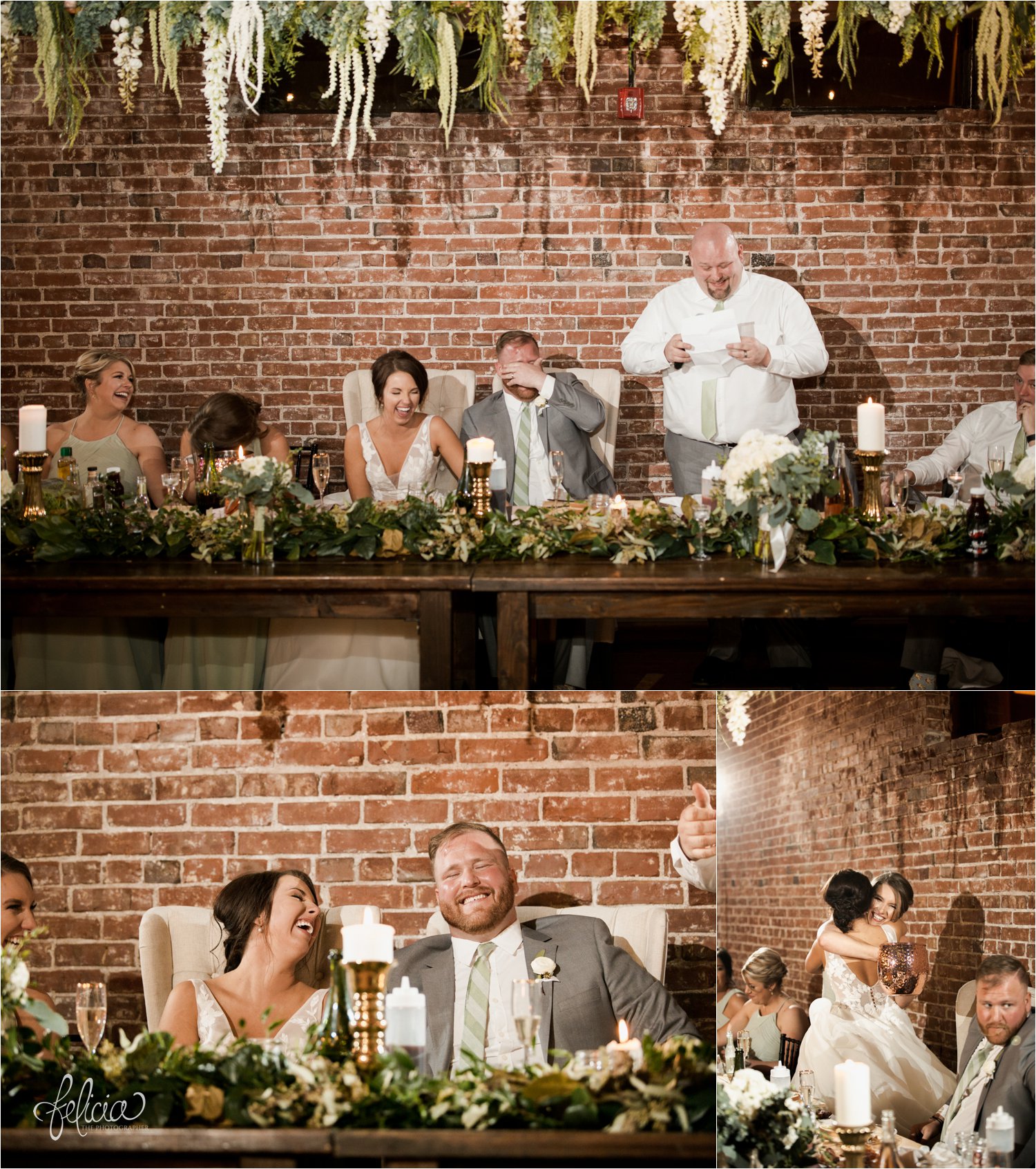 images by feliciathephotographer.com | magnolia venue | urban garden wedding | photographer | kansas city missouri | reception | hanging flowers | botanical | laughter | best man | maid of honor | champagne toast | 