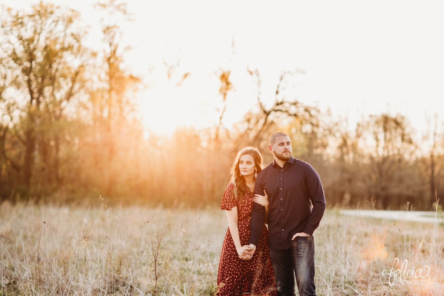 images by feliciathephotographer.com | Burr Oak Woods | engagement photos | wedding photographer | engagement photographer | field | sunrise | posing | looking away | holding hands | love | happy | 