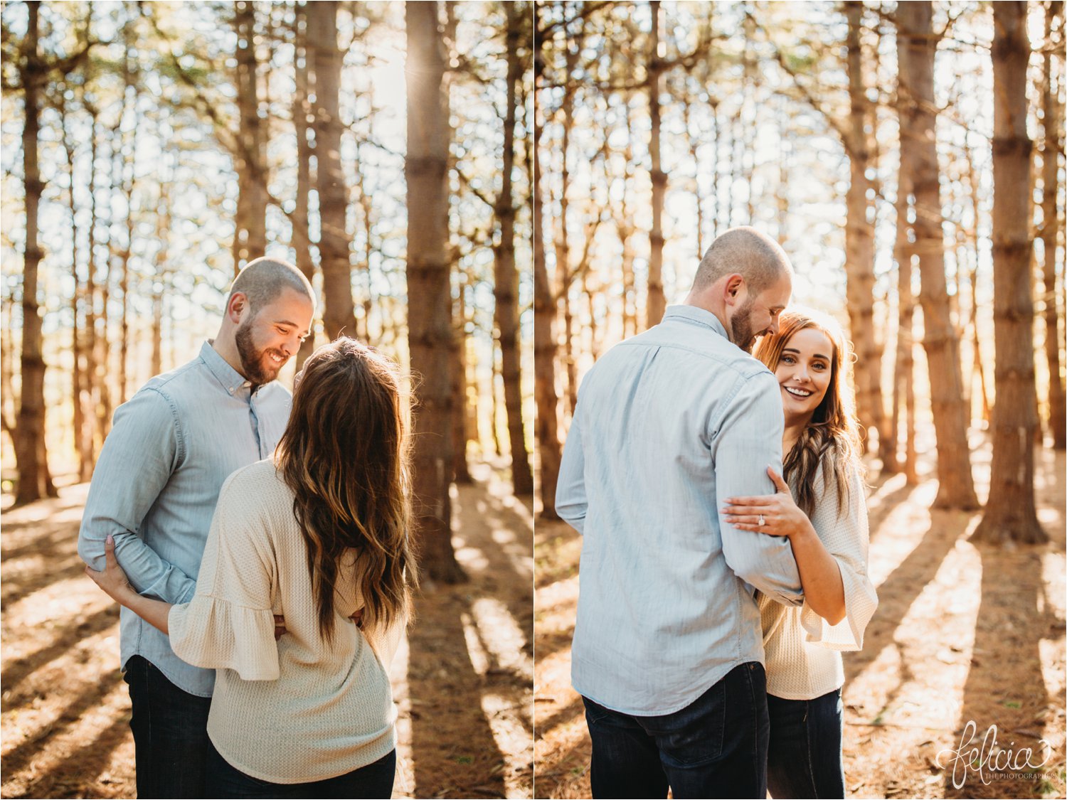 images by feliciathephotographer.com | The Forest | engagement photos | wedding photographer | engagement photographer | forest | sunrise | collage | two | tall trees | blue jeans | candid | posing | posed | smiling | laughter | laughing | 