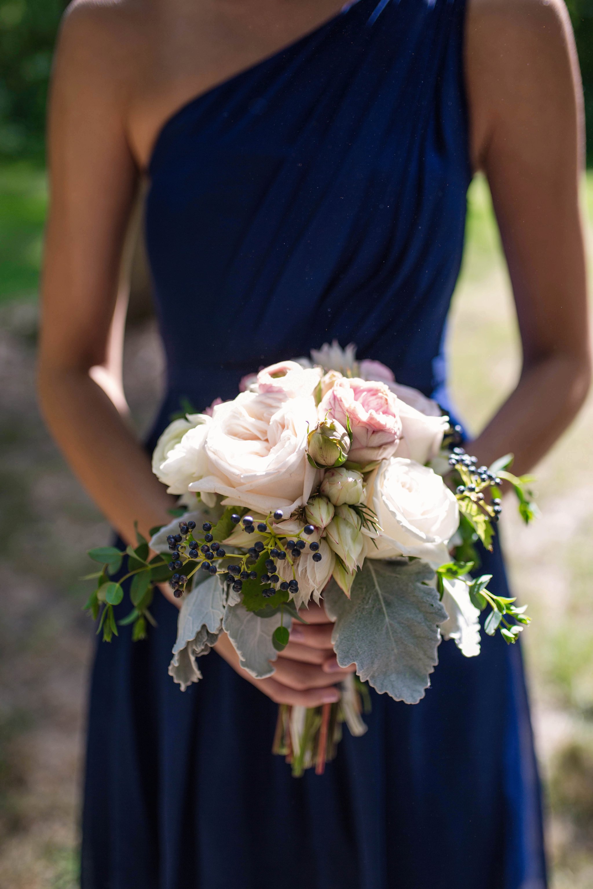 Sioux Falls Wedding Photos | Destination Photographer | Felicia The Photographer | Mary Jo Wegner Arboretum | Bridesmaid bouquet | Dusty Miller | Greenery | White Roses | Peonies | Blue Berries