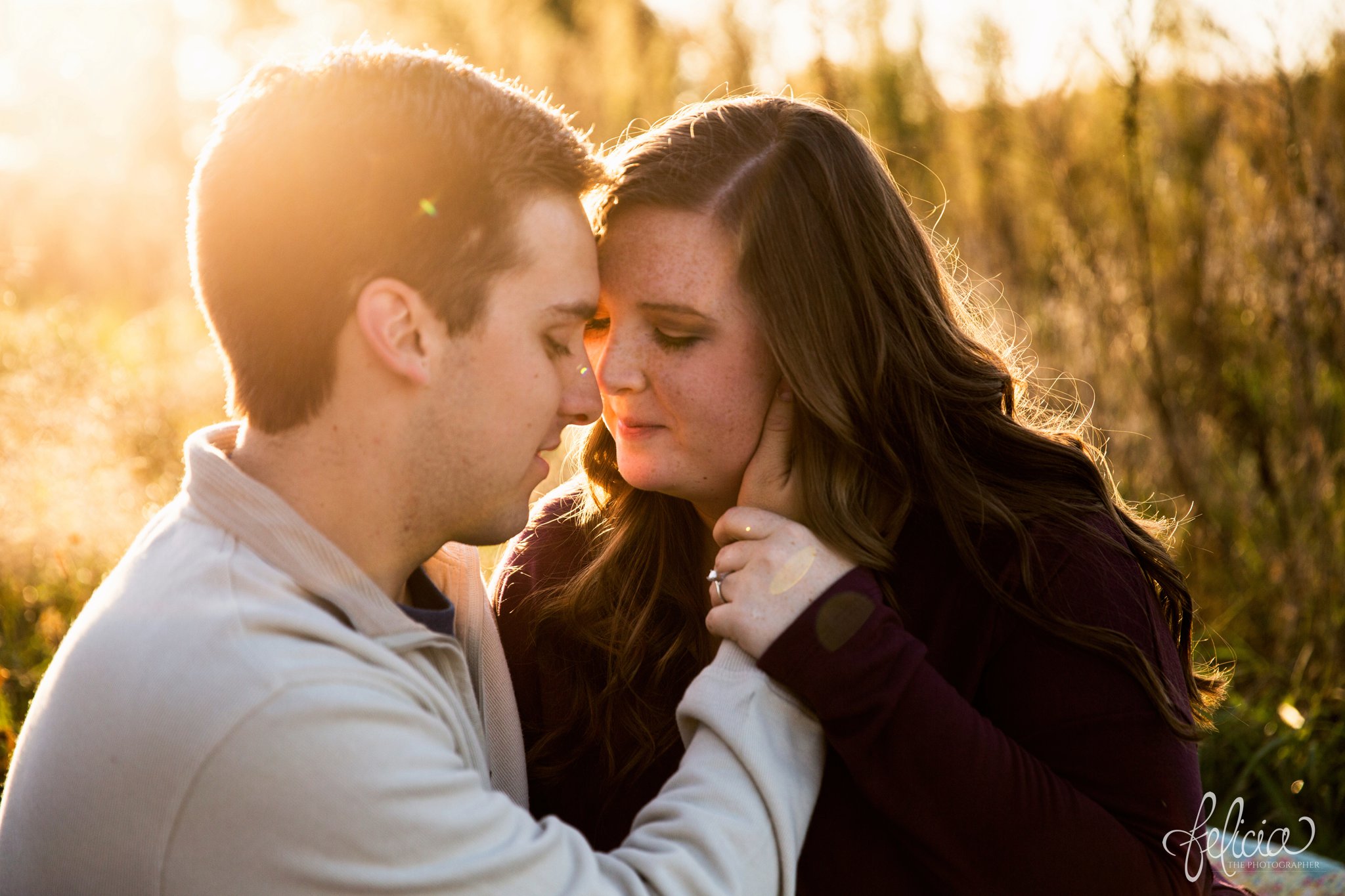 engagement photos | fall engagement photos | engagement photography | Felicia the Photographer | images by feliciathephotographer.com | Sun Flare | Farm | Nature| Golden Hour | Sunset | Hand on Cheek | Closed Eyes 