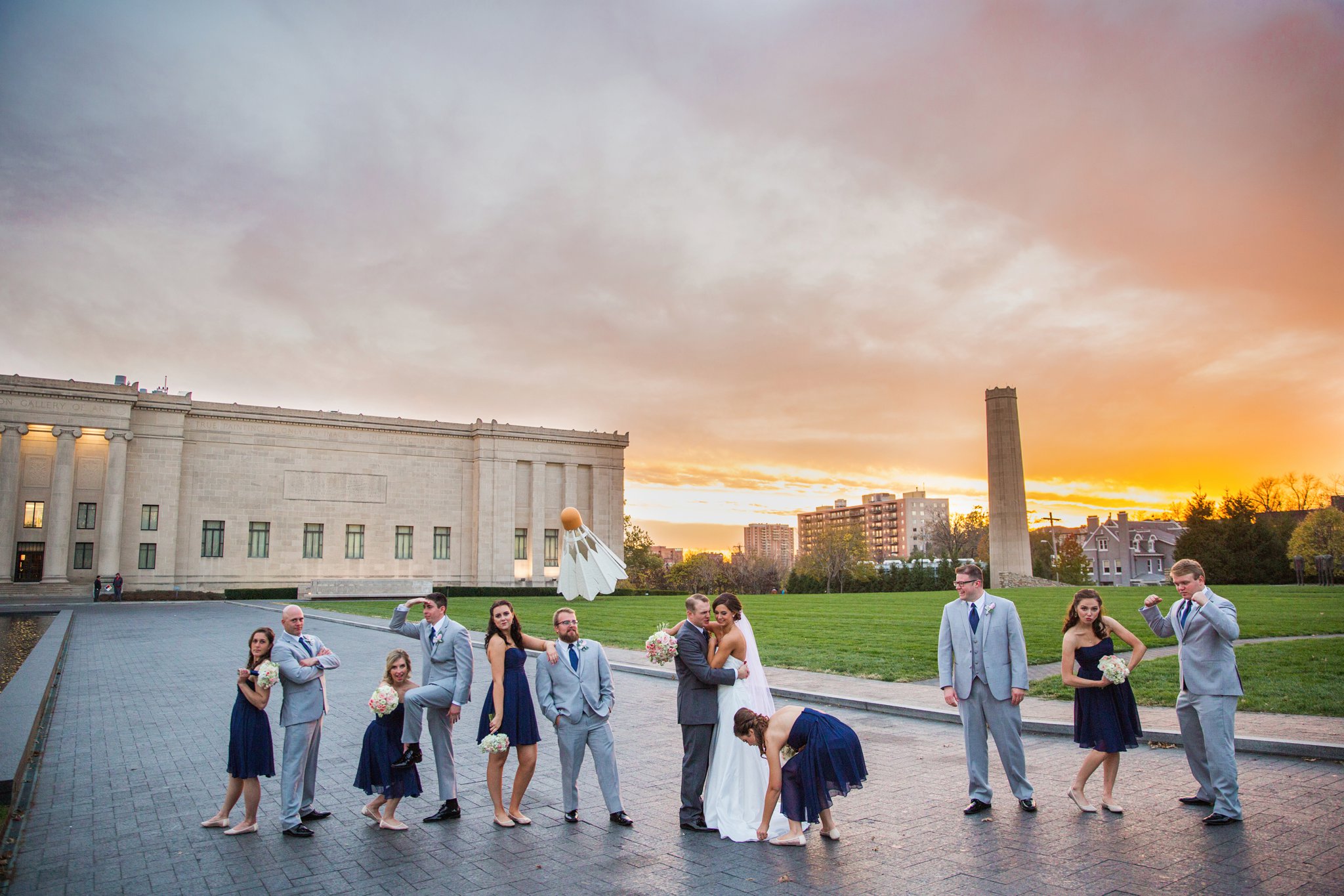 wedding | wedding photos | wedding photography | images by feliciathephotographer.com | Country Club Plaza | Kansas City | Unity Temple | Nelson Atkins Museum of Art | sunset photography | sunset portraits | bridal party portraits | candid | silly poses 