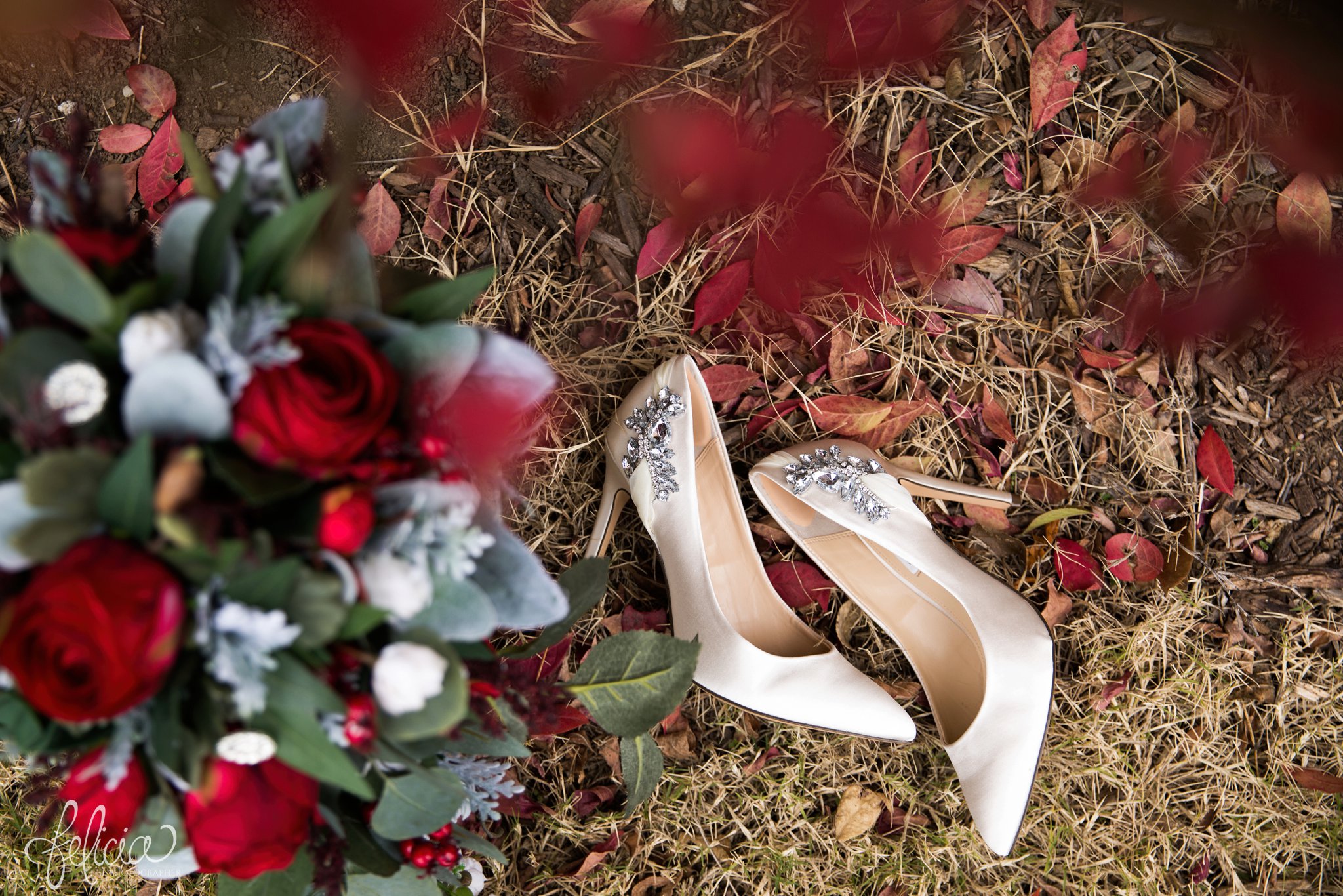 wedding | wedding photography | wedding photos | Kansas City | St. Patrick's Catholic Church | Hawthorne House | images by feliciathephotographer.com | crimson wedding | red rose bouquet | beige heels | wedding shoes | Christmas Wedding | 