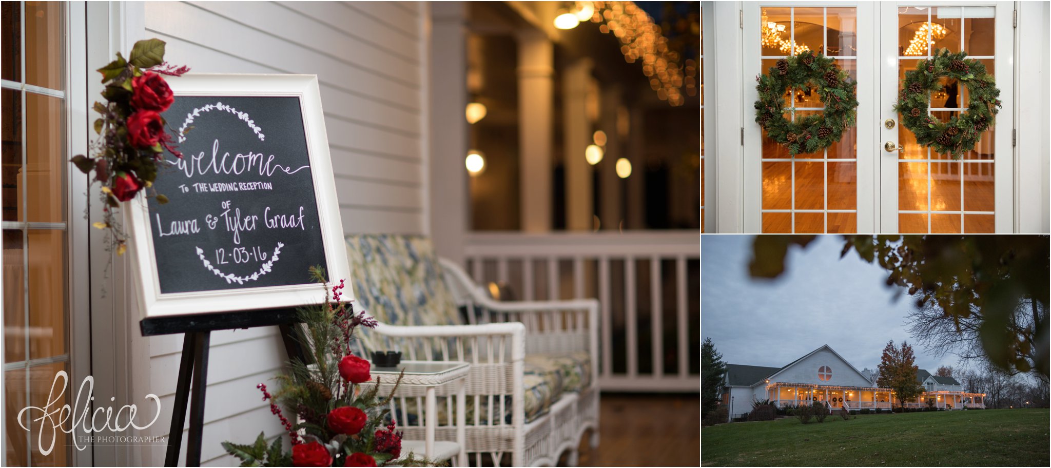 wedding | wedding photography | wedding photos | Kansas City | Hawthorne House | images by feliciathephotographer.com | crimson wedding | Christmas Wedding | reception decor | red roses | chalkboard sign | french doors | evergreen 