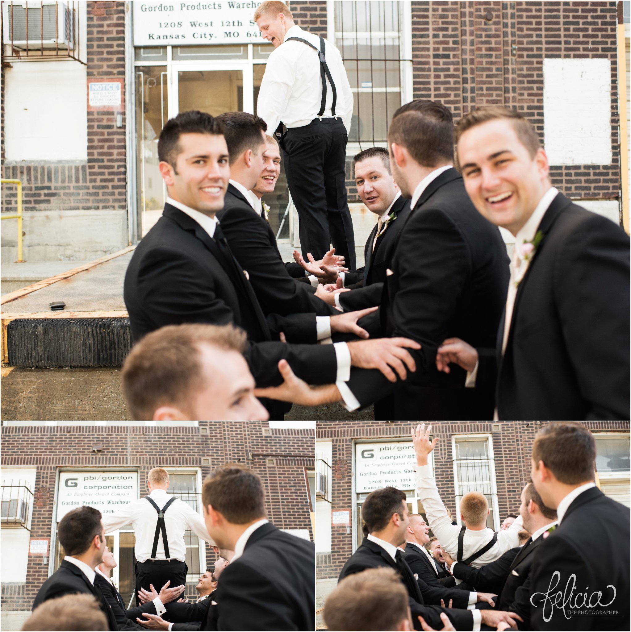 wedding | wedding photos | industrial | Rumely Event Space | wedding photography | images by feliciathephotographer.com | West Bottoms | industrial background | brick | groomsmen portrait | Tip Top Tux | candid | catching groom | funny groomsmen | laughing 