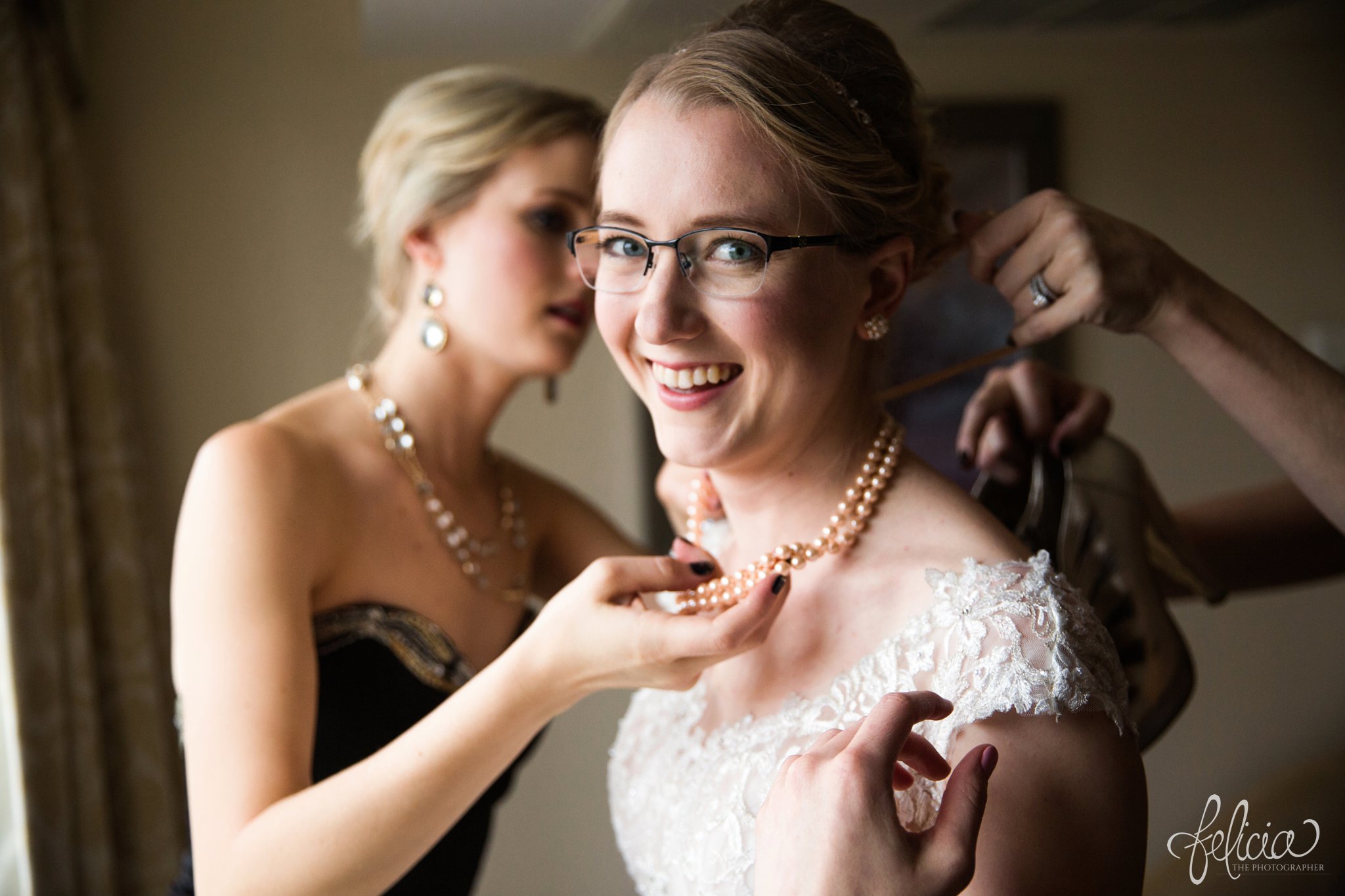 wedding | wedding photos | wedding photography | black and gold | Winter Wedding | Gatsby Wedding | The Elms | images by feliciathephotographer.com | Excelsior Springs | bride and sisters | wedding prep | getting ready pictures | candid | Maggie Sottero | lace wedding dress | backless wedding dress | pearl accessories | pearl necklace 