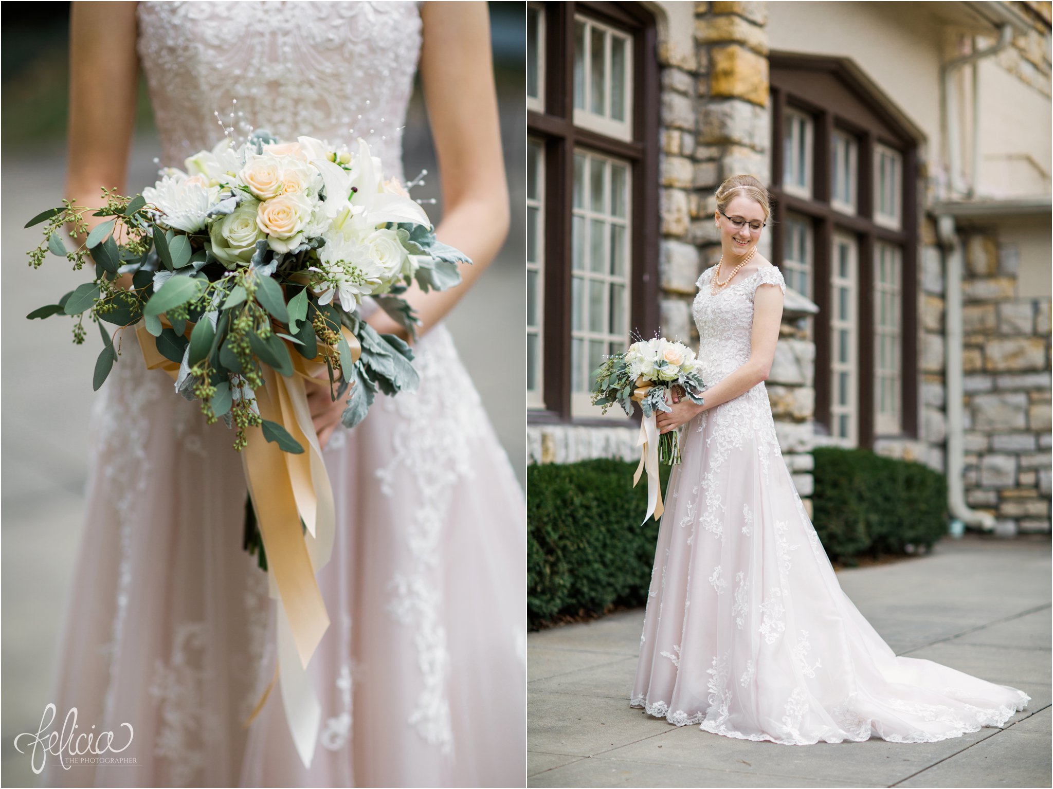 wedding | wedding photos | wedding photography | black and gold | Winter Wedding | Gatsby Wedding | The Elms | images by feliciathephotographer.com | Excelsior Springs | candid | Maggie Sottero | lace wedding dress | pearl accessories | pearl necklace | bride solo shot | bridal bouquet 