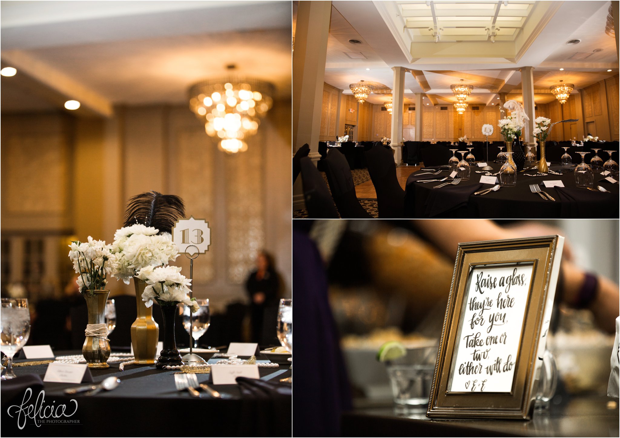 wedding | wedding photos | wedding photography | black and gold | Winter Wedding | Gatsby Wedding | The Elms | images by feliciathephotographer.com | Excelsior Springs | historic venue | reception decor | chandeliers | centerpieces | gold and black accents 