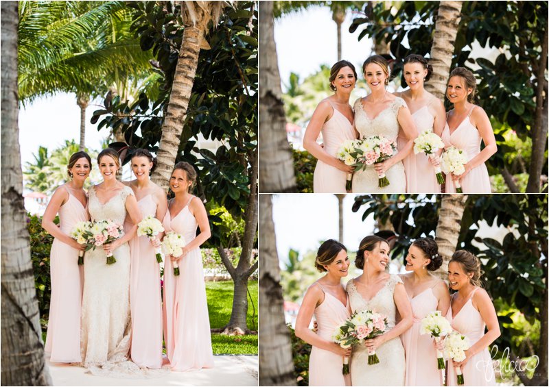 images by feliciathephotographer.com | Destination Beach Wedding | Mexico Resort | Photography | Azul Sensatori | bride | bridesmaids | portrait | palm trees | pink pastel | lace dress | bouquet | ocean view | laughing | joy | smiling | friends | 