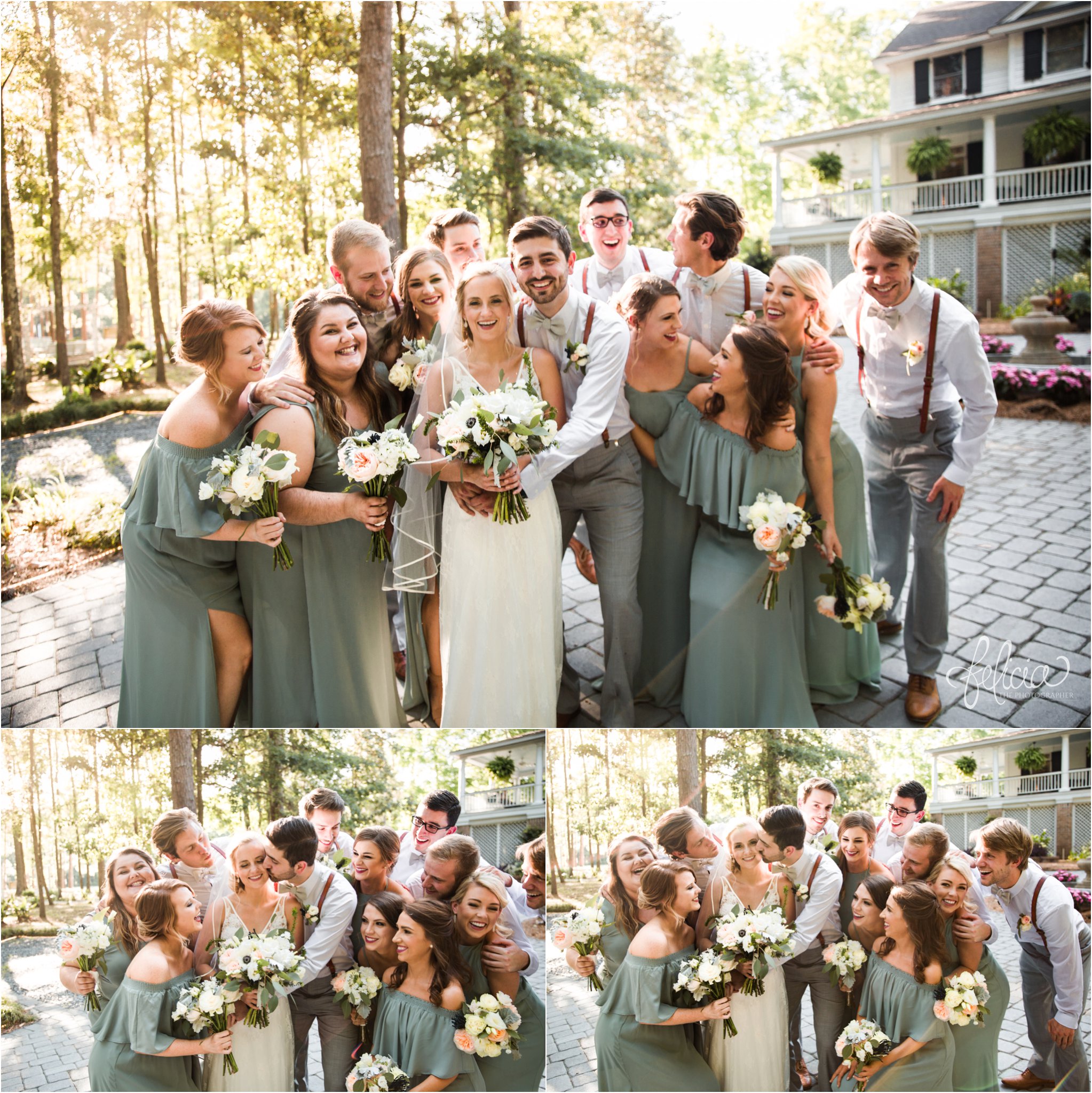 images by feliciathephotographer.com | destination wedding | the makey house | dave gibson coordinator | travel photographer | Savannah, georgia | southern | bridal party | big hug | laughter | joy | forest | trees | green | golden hour | kiss | 