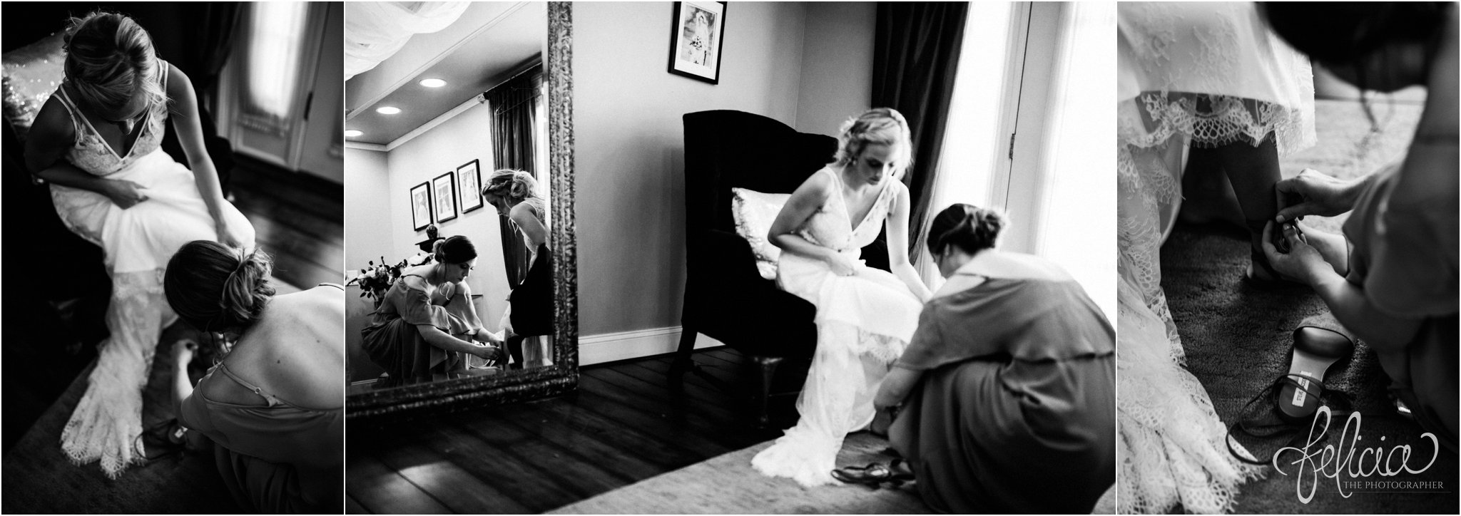 images by feliciathephotographer.com | destination wedding | the makey house | dave gibson coordinator | travel photographer | Savannah, georgia | southern | getting ready | details | black and white | putting on shoes | mirror | reflection | bridesmaid 