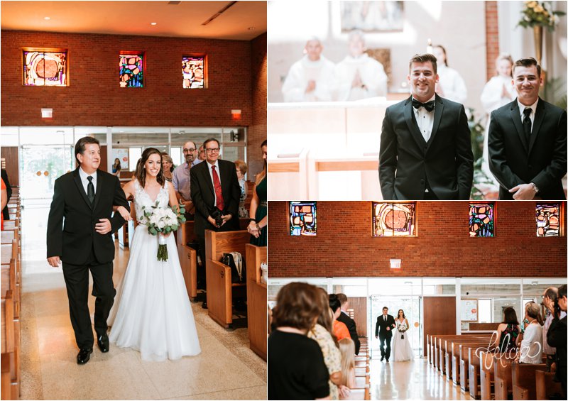 images by feliciathephotographer.com | wedding photographer | kansas city missouri | industrial | romantic | neutral | ceremony | father giving away daughter | groom waiting at aisle | catholic | white florals | 
