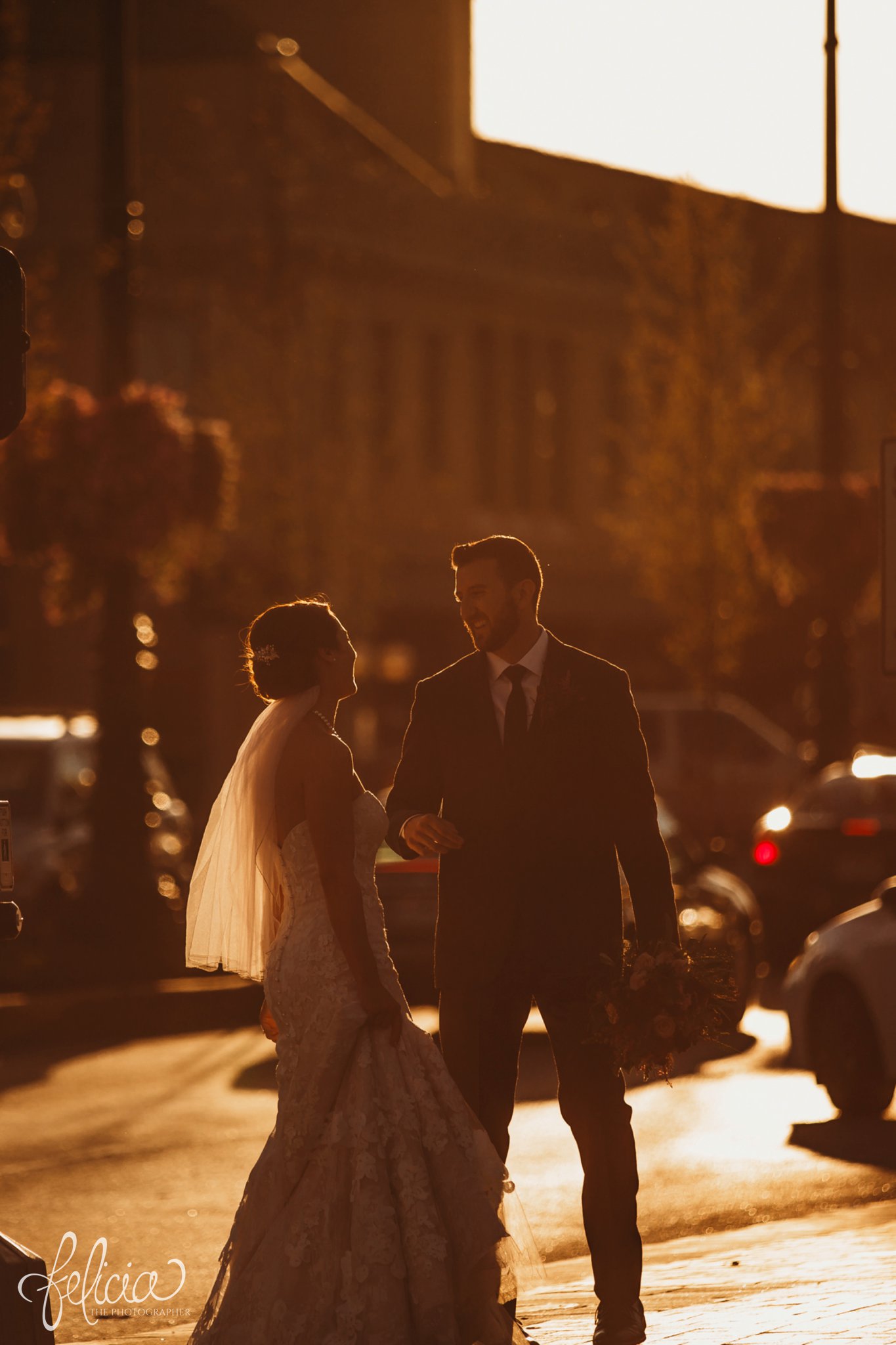 images by feliciathephotographer.com | wedding photographer | kansas city | sunset | golden hour | romantic | flowing veil | plaza venue | lace floral dress | emily hart | the black tux | 