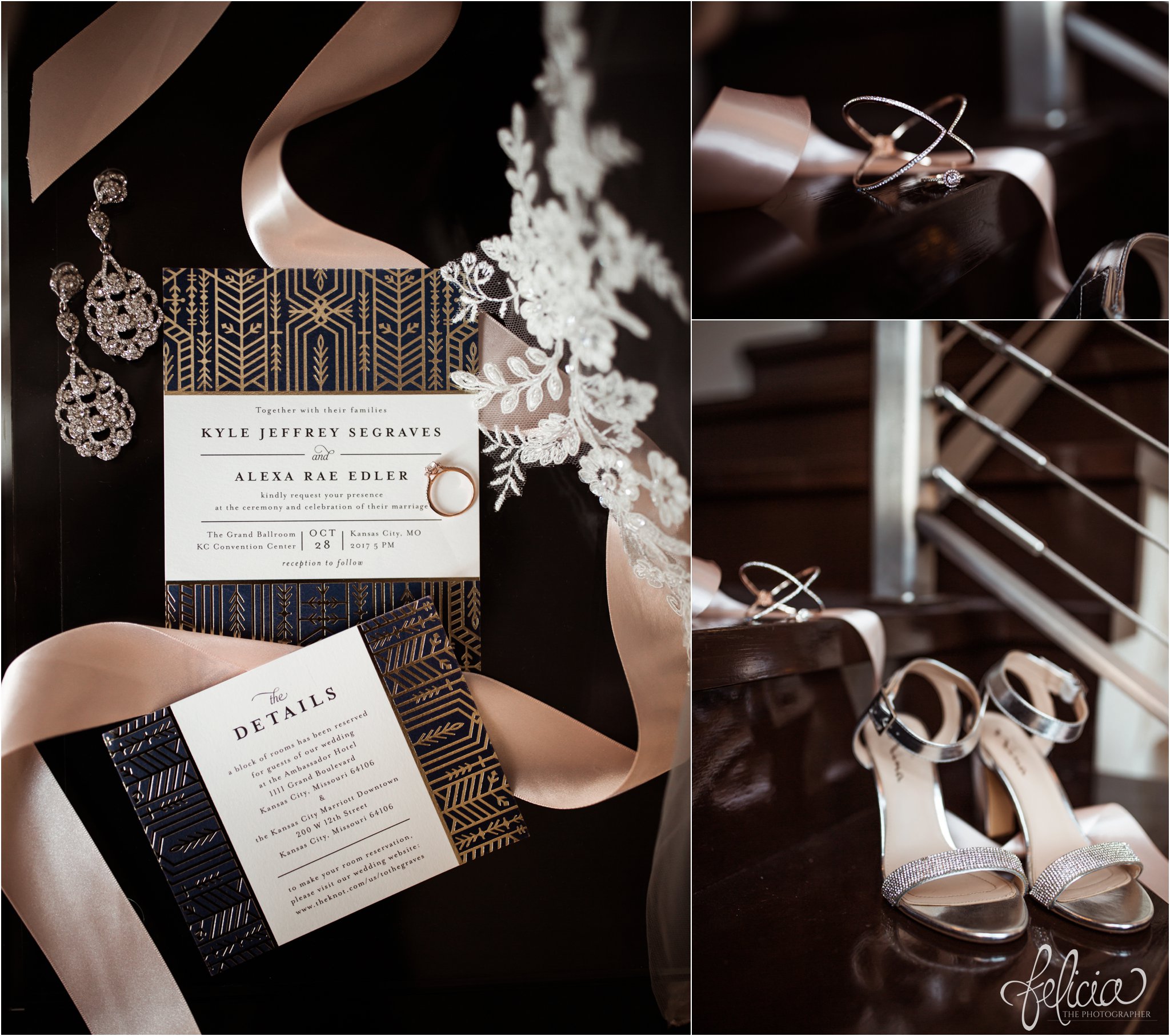 images by feliciathephotographer.com | wedding photographer | downtown kansas city | details | Gatsby invitations | glamorous earrings | sparkles | gold engagement rings | light pink ribbon | 
