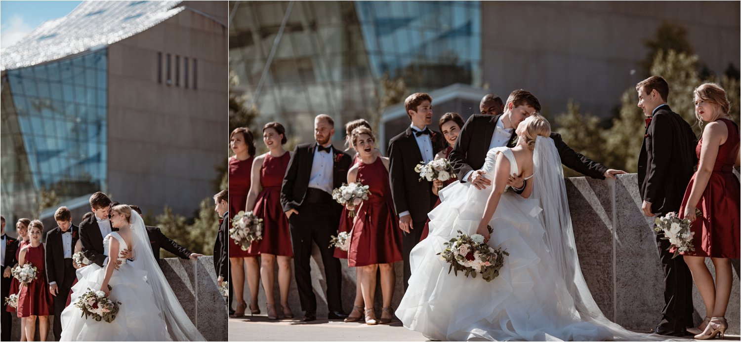  images by feliciathephotographer.com | destination wedding photographer | kansas city | summertime | classic | bridal party portrait | candid walking | Kauffman center | fitted bodice | full skirt | gown gallery | black tux | mens warehouse | burgundy dresses | bella bridesmaid | wild hill | 