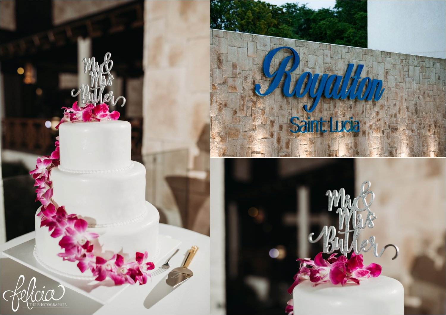   images by feliciathephotographer.com | destination wedding photographer | st lucia | l&s travel | the Royalton | reception | venue | details | cake | mr and mrs butter topper | pink orchids | 