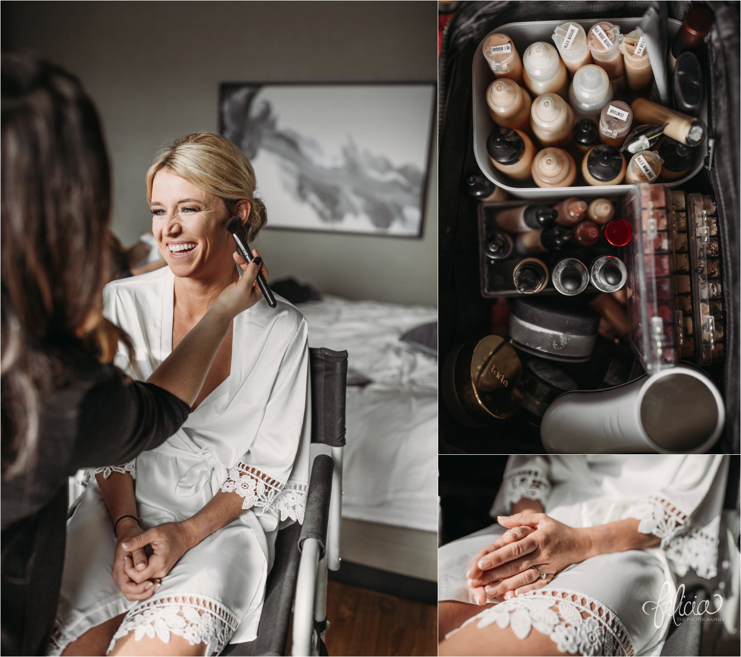 images by feliciathephotographer.com | destination wedding photographer | kansas city | eighteen ninety | classic | getting ready | details | pre ceremony | rachel naster | make up | white lace robe | 